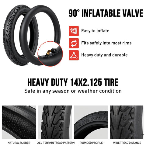 14x2.125 Tire And Tube Set 57-254 E Bike Replacement For Folding E Bikes Electric Scooters And Kids Bikes With Non Slip Grippy Tread For All Weather Traction And Puncture Resistant Design With Inner Tube Included, 90° valve