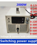Front view of 2000W DC Switching Power Supply with adjustable 0 to 600V and 0 to 3.33A, featuring voltage display and control knobs.