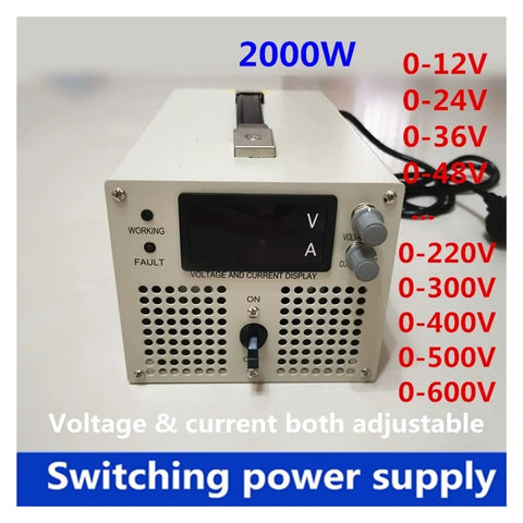 Front view of 2000W DC Switching Power Supply with adjustable 0 to 600V and 0 to 3.33A, featuring voltage display and control knobs.