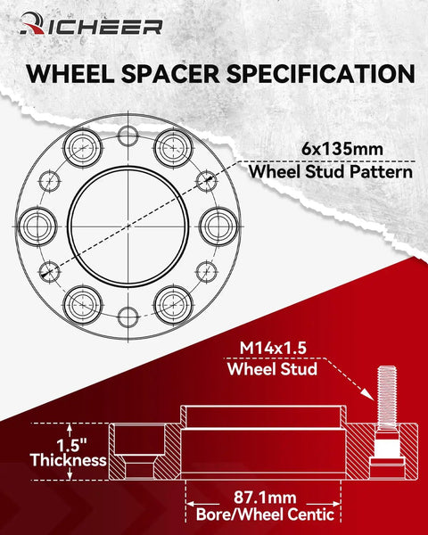 Diagram of Forged 1.5 Inch Hubcentric Wheel Spacers For Ford F150 2015 To 2025 And Expedition 2015 To 2024 Navigator 6x135