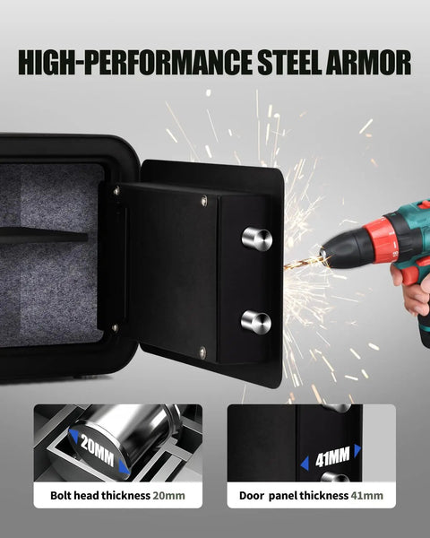 Digital Safe Box For Home And Office With Electronic Keypad And Override Key 0.8 Cu Ft showing steel door drill resistance