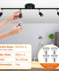 Four Head Foldable Track Lighting Kit With GU10 Sockets Adjustable Ceiling Spot Lights For Kitchen Hallway Bedroom Industrial Vintage Black Fixture For Accent Lighting And Mood Vibe, shown with bulb installation and specifications.