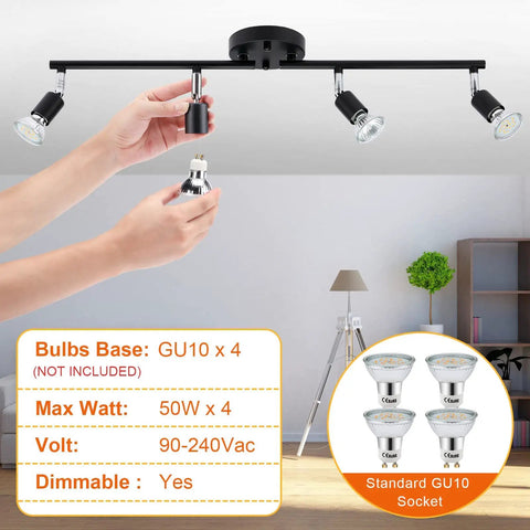 Four Head Foldable Track Lighting Kit With GU10 Sockets Adjustable Ceiling Spot Lights For Kitchen Hallway Bedroom Industrial Vintage Black Fixture For Accent Lighting And Mood Vibe, shown with bulb installation and specifications.