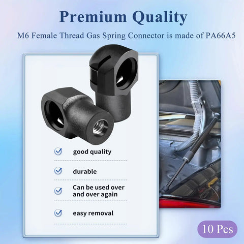 Top Grade Durable Steel M6 Female Thread Gas Spring Strut End Fittings in black PA66A5 for secure mounts, set of 10.