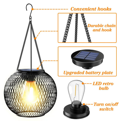 Auto On Solar Lanterns For Outdoors Upgraded Hanging Garden Lights Metal Waterproof Lanterns For Yard Patio Pathway Decor IP65 Black 2 Pack
