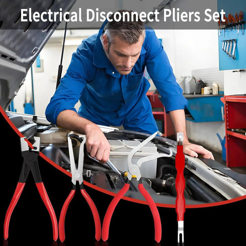 Man using 4 Piece Automotive Electrical Disconnect Pliers Kit With High Carbon Steel Connector Pliers Straight And 60 Degree Tips Hose Clamp Pliers 18 Pin Fuel Line Repair Set In Storage Box on car engine
