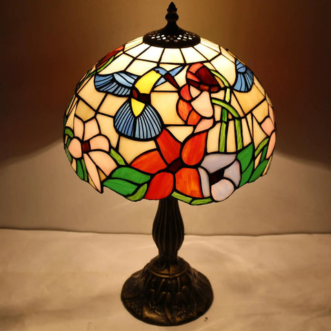 Stained Glass Tiffany Style Hummingbird Table Lamp 12 Inch Shade And 18 Inch Tall Bedside Desk Reading Light Antique Green Bronze Base UL Listed