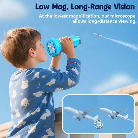 Child using Awesome Kids Digital Microscope With 4K Clarity And 2.4 Inch Screen to view airplane in the sky, showcasing long-range vision.