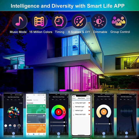 Smart home app interface controlling Two-Sided Smart Floor Lamp With RGBCW Color, 2000 Lumens, 66 Inch Tall, outdoor view.