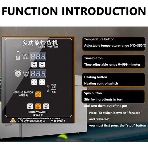 Control panel of the Professional Electric Coffee Bean Roaster and Peanut Drum Machine featuring temperature and timer settings.
