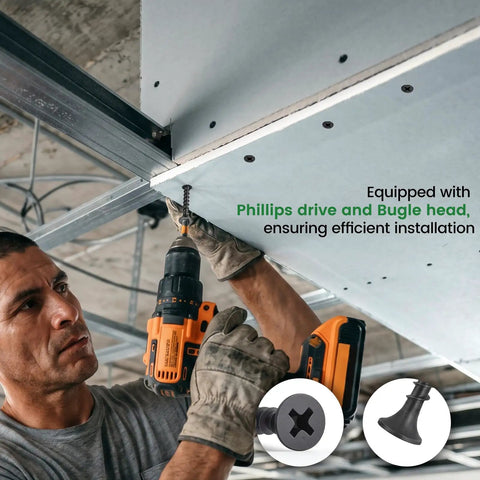 Rock Solid Heavy Duty Drywall Screws 1 1 4 Inch Coarse Thread Carbon Steel Black Phosphate Finish Phillips Drive Bugle Head For Wall Studs Dead Set Tight Grip Built To Last Construction Pack 221, shown in use with drill for installation.