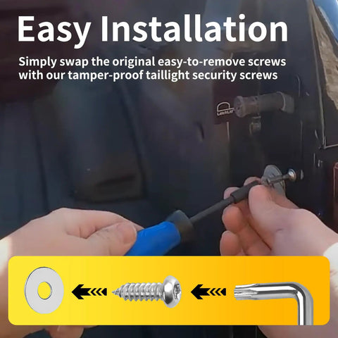 Lock Down Your Rig With Premium Tamper Proof Anti Theft License Plate Screws And Tail Light Bolts For Ford F150 F250 F350 F450 Raptor Solid Security Hardware Kit Included, hands installing tamper-proof taillight screws with tool.