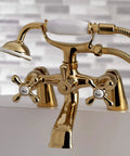Close-up of Charleston Deck Mount Clawfoot Tub Filler With Hand Shower Six And A Half Inch Centerset Classic Charleston Vibe Solid Brass