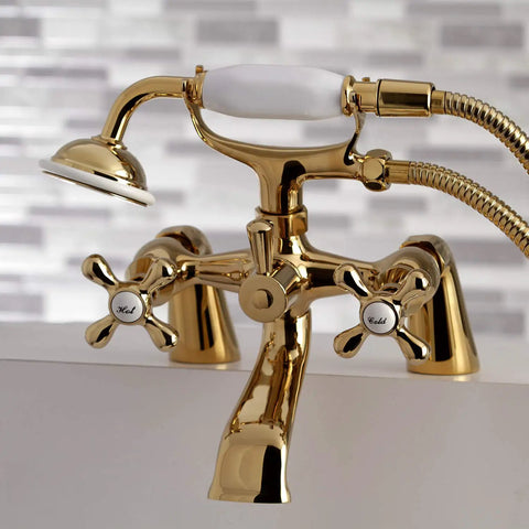 Close-up of Charleston Deck Mount Clawfoot Tub Filler With Hand Shower Six And A Half Inch Centerset Classic Charleston Vibe Solid Brass
