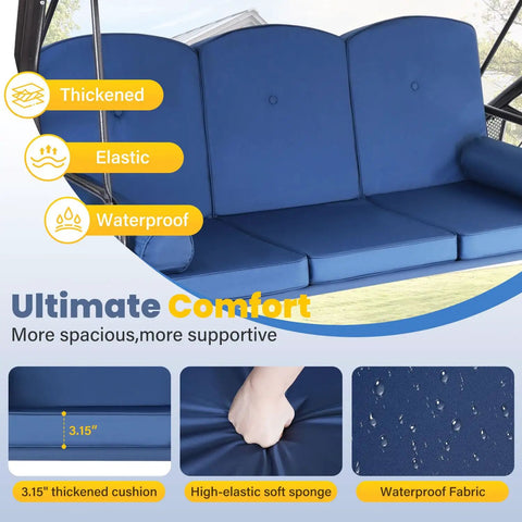 Close-up of the thick cushions and waterproof fabric of a three seat outdoor porch swing with adjustable canopy converts to bed.