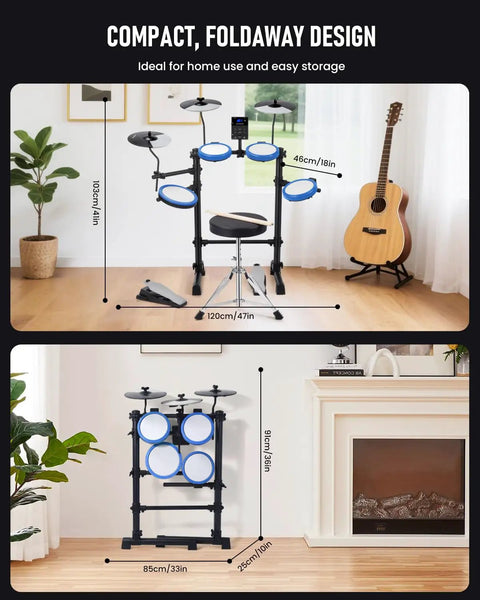 Foldable Beginner Electric Drum Set Kit With 180 Dope Sounds, mesh pads, 9 inch cymbals, two pedals, in an indoor setting.