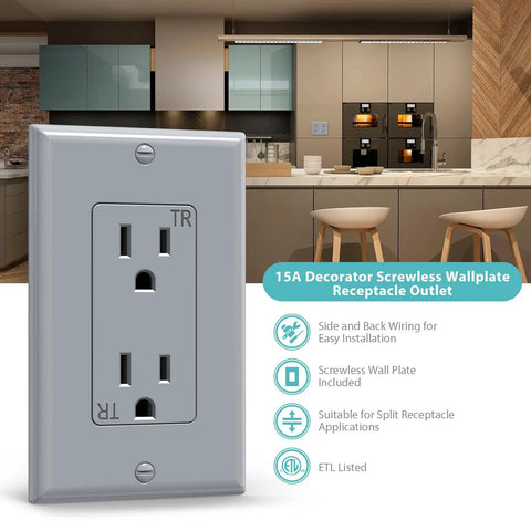 Decorator Electrical Wall Outlet Gray Tamper Resistant Duplex Receptacle 15A 125V with kitchen background