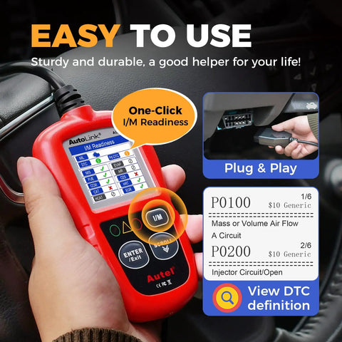 AL319 OBD2 Diagnostic Scanner with Live Data and DTC Read Clear functionality in use, showing I/M Readiness screen.