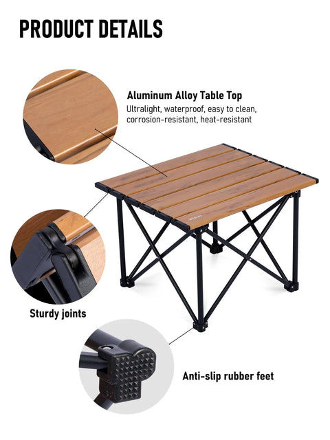 Ultralight Camping Table With Compact Aluminum Folding Design And Carry Bag For Outdoor Picnics Barbecues And Cooking Stable Portable Beach Table For Any Terrain showing details of table top, joints, and rubber feet