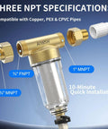 40 Micron Spin Down Sediment Filter And Reusable Water Filter For Whole House Pre Filtration System For City Water And Well Water 25 GPM 1 Inch MNPT Three Quarter Inch FNPT Three Quarter Inch MNPT showing NPT specifications