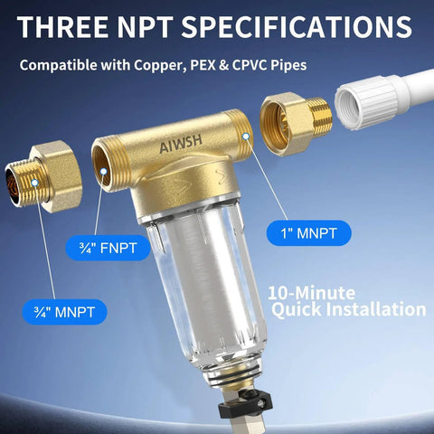 40 Micron Spin Down Sediment Filter And Reusable Water Filter For Whole House Pre Filtration System For City Water And Well Water 25 GPM 1 Inch MNPT Three Quarter Inch FNPT Three Quarter Inch MNPT showing NPT specifications