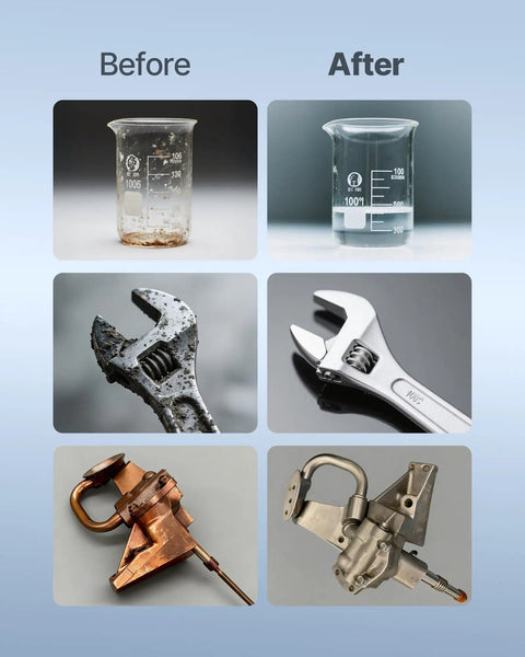 Before and after images of cleaned beakers, a wrench, and engine parts showing the effectiveness of Pro Grade 30 Liter Ultrasonic Cleaner With 40 Khz Waves And Degassing Mode.