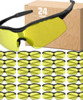 Heavy-Duty 24 Haul Of Safety Glasses With Yellow Tint Lenses And Sturdy Black Temples ANSI Z87 Marked in a 24 pack.