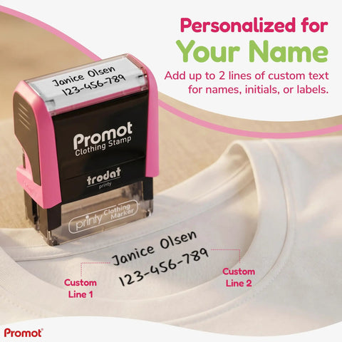 Personalized Kids Clothing Stamp Set Self Inking Name Stamp With 2 Lines Of Text on white shirt