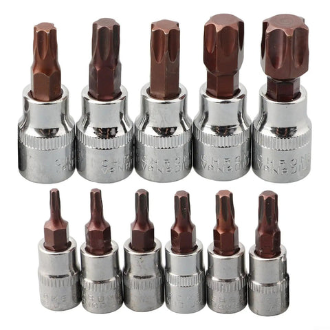 Top Tier 11 Piece Torx Bit Socket Set With T10 To T60 Chrome Vanadium Steel Driver Bits For Tough Automotive Repairs And Heavy Mechanical Maintenance Work Using Both Inch Drive Sizes. Chrome vanadium Torx bit socket set with 11 chrome sockets and brown driver bits