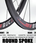 700C Carbon Hub Wheelset With Disc And Rim Brakes, 40mm Deep Clincher, Quick Release, 24H Spokes detail, red and black design