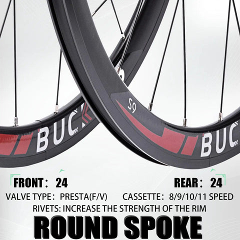 700C Carbon Hub Wheelset With Disc And Rim Brakes, 40mm Deep Clincher, Quick Release, 24H Spokes detail, red and black design