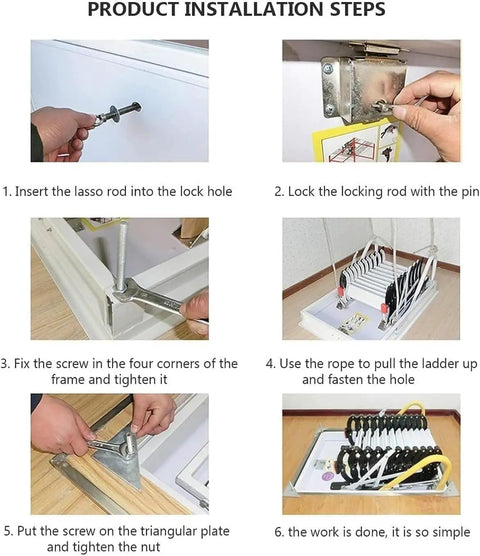 Installation steps for Solid No Hassle Remote Control Electric Attic Pull Down Ladder with tools and frame details.
