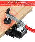 Compact Metal Concealed Hinge Jig With Quick Clamp For 35mm Cabinet Hinges attached to wooden board