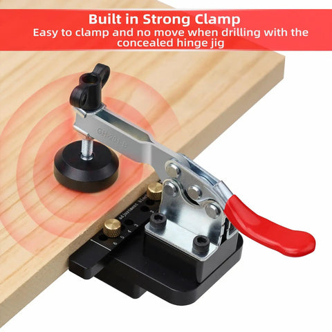 Compact Metal Concealed Hinge Jig With Quick Clamp For 35mm Cabinet Hinges attached to wooden board