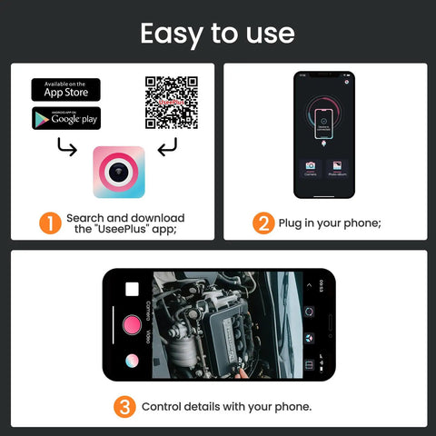 Easy use steps for HD Endoscope Camera With Light 1920P Borescope, 7.9mm Slim Probe, app download and phone connection
