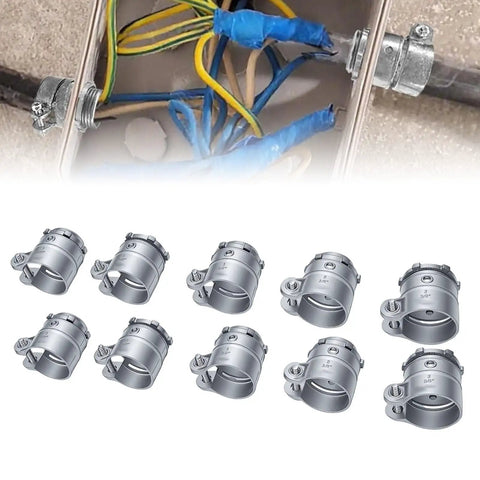 Heavy Duty Zinc Alloy Squeeze Connector 3/4 Inch Conduit Coupling in a box with wiring, showing a sturdy design for electrical use.