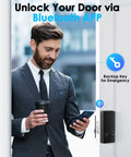 Man unlocking door with phone app, Easy Install Keyless Entry Door Lock With Bluetooth App Control, Keypad And Waterproof Electronic Deadbolt