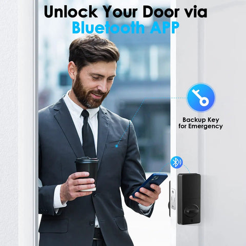 Man unlocking door with phone app, Easy Install Keyless Entry Door Lock With Bluetooth App Control, Keypad And Waterproof Electronic Deadbolt