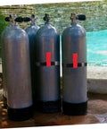 Red Scuba Tank Holder Strap Oxygen Cylinder Carrier For Diving And Snorkeling, Side Mount Accessory, visible in use by a pool.