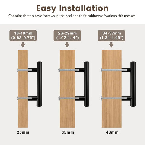 Six Pack Black Cabinet Pulls 5 Inch Center To Center Stainless Steel Handles installation guide on various wood thicknesses