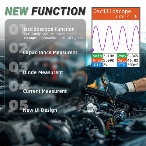Oscilloscope features on the Upgraded QDB-5A Ignition Coil Tester with current and diode measurement displayed, auto function