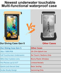 Comparison of Gen 5 Diving Phone Case for 6.9 Inch Phones with another case, highlighting waterproof features and compatibility.