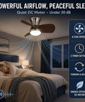 MADISH Walnut 21.7 Inch Flush Mount Ceiling Fan with Lights and Remote in bedroom, featuring quiet DC motor and dimmable LED.