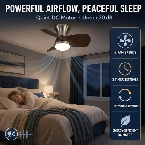 MADISH Walnut 21.7 Inch Flush Mount Ceiling Fan with Lights and Remote in bedroom, featuring quiet DC motor and dimmable LED.