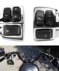 1 Inch Handlebar Switches And Wiring Harness For Harley Davidson Fits Softail 1996 2010 Dyna Sportster 1996 2013 Touring Without Cruise Control Or Radio Controls Easy Install Plug And Play Durable Build For A Long Lasting Ride showing chrome switches close-up and on bike handlebars
