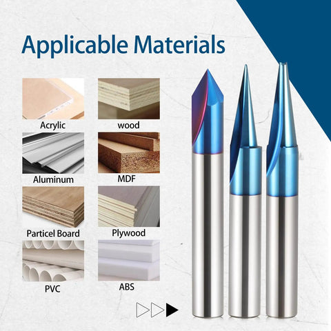Three CNC router bits displayed, suitable for acrylic, wood, aluminum, MDF, particle board, plywood, PVC, and ABS materials.