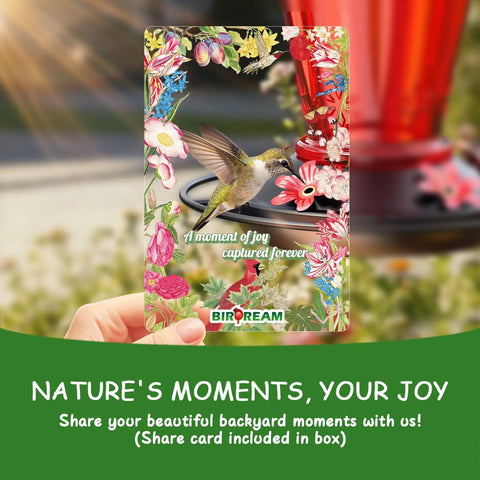 Glass Hummingbird Feeder For Outdoors, 25oz Red With 5 Flower Ports And Bee Guard, Ant Moat, Leakproof Design shown with card