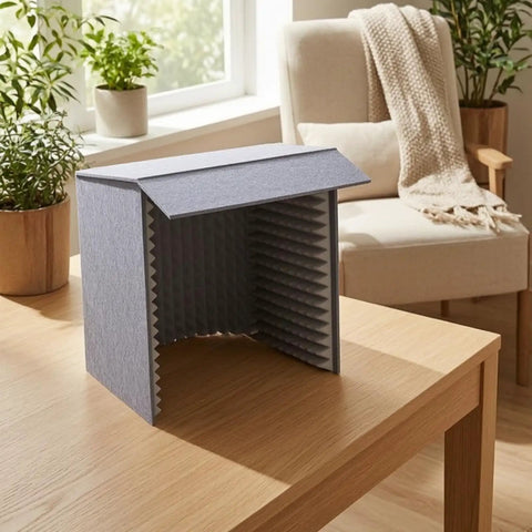 Dang Clean Kickass Desktop Soundproof Mic Booth With Dense Acoustic Foam Panels on a desk with soft light.