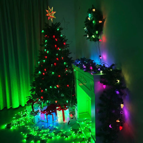Outdoor C9 Christmas Lights 134 Feet 150 LED, App Controlled, Music Sync, 105 Light Modes, RGB Connectable on Christmas tree
