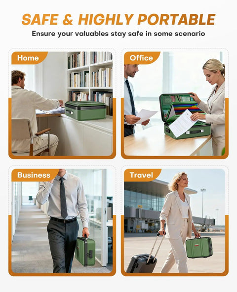 Bombproof Fireproof Document Box With Lock Hard Case Organizer used in home, office, business, and travel settings.